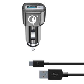 CHARG. VOITURE 3.0 + CABLE TYPEC NOIR CELLULARLIN